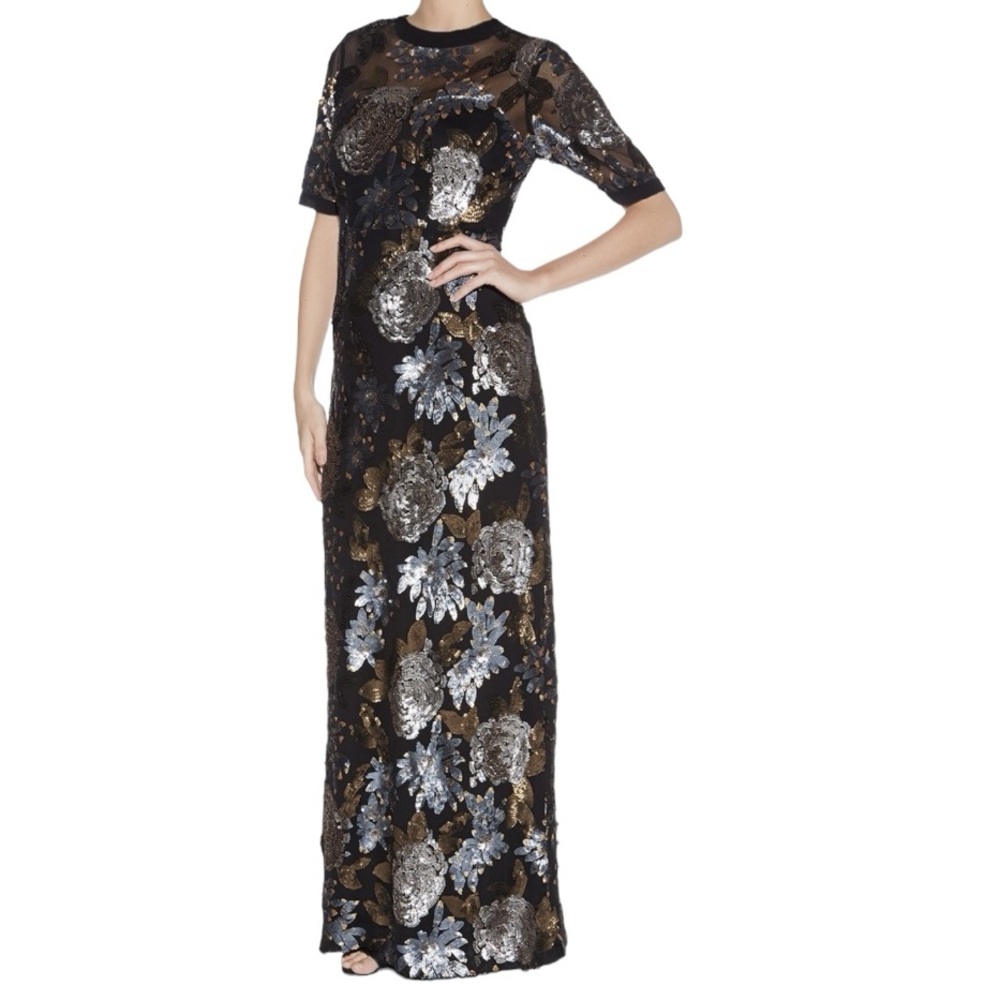 Darling London Gold, Copper, Black Floral Sequin Maxi 1/4 Sleeve Dress NWT